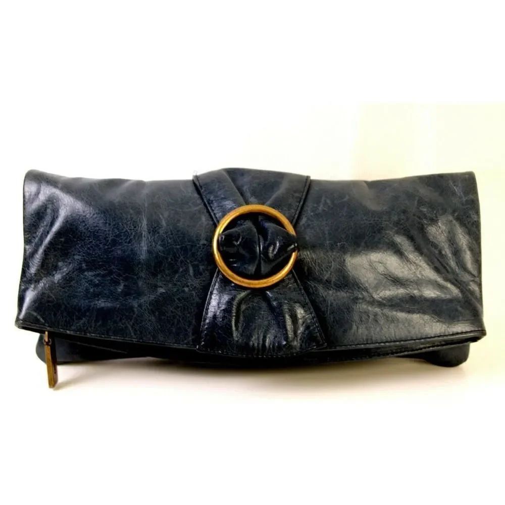 Hobo International SMOOTH DARK BLUE GENUINE LEATHER FOLDING CLUTCH PURSE HANDBAG
